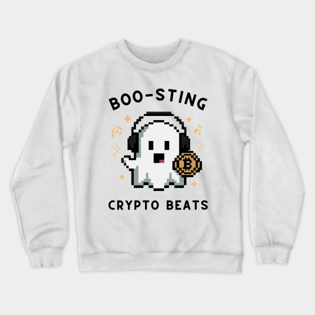 Crypto Ghost - 8-Bit Music Halloween Design Crewneck Sweatshirt by Pixel Punkster